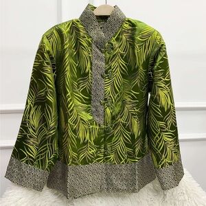 Green Patterned Women’s Brocade Shirt with Contrast Trim